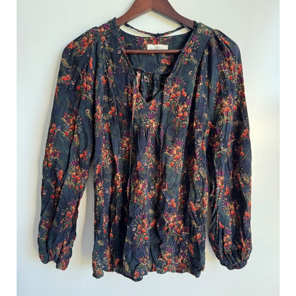 Natural Life Dark Floral Burgundy Boho V-Neck Blouse Tie Large Cottagecore Top